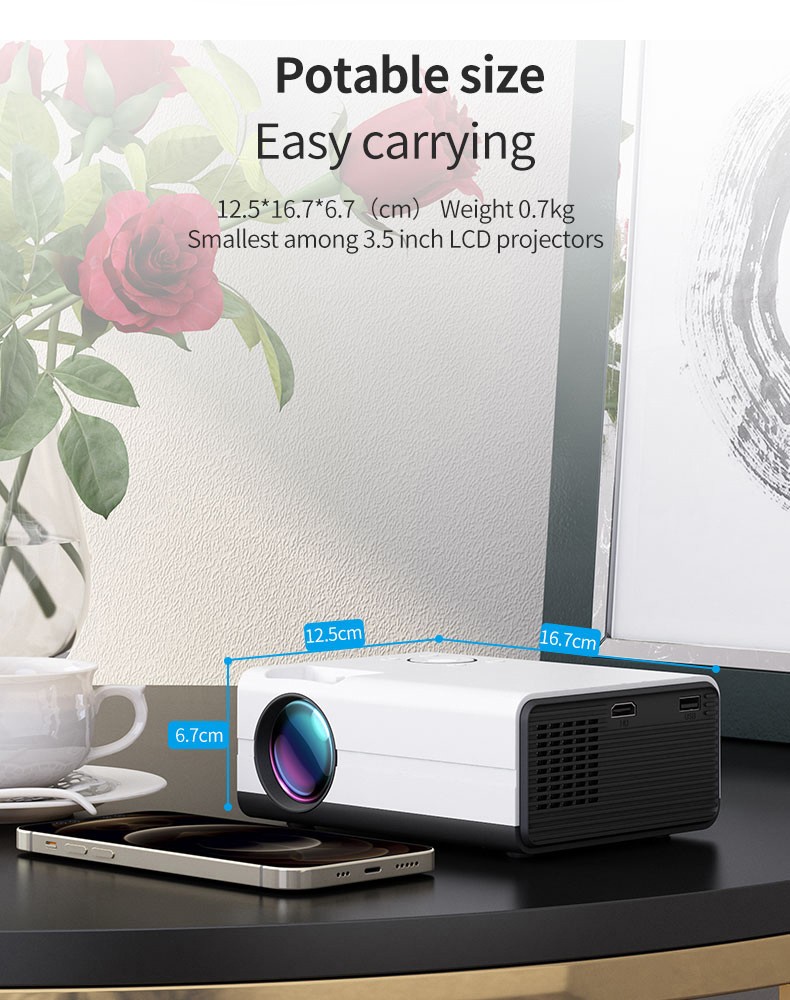 Portable Size Projector 8K 1080P WIFI And Bluetooth Android Support Mobile Phone USB Connecting Black and White Easy carrying projector