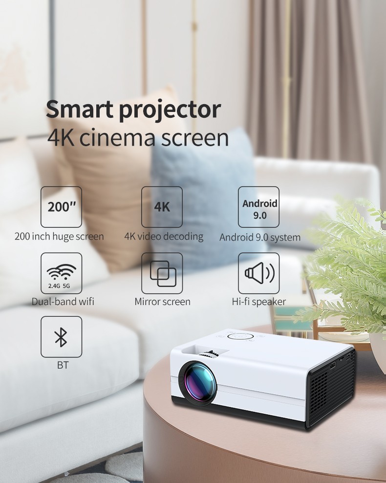 Portable Size Projector 8K 1080P WIFI And Bluetooth Android Support Mobile Phone USB Connecting Black and White Easy carrying projector