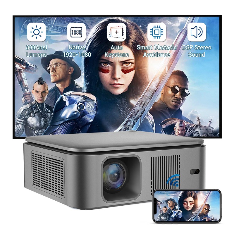 1080P Projector 8K Android10 HY500-ATV Version LED LCD Metallic Grey and White