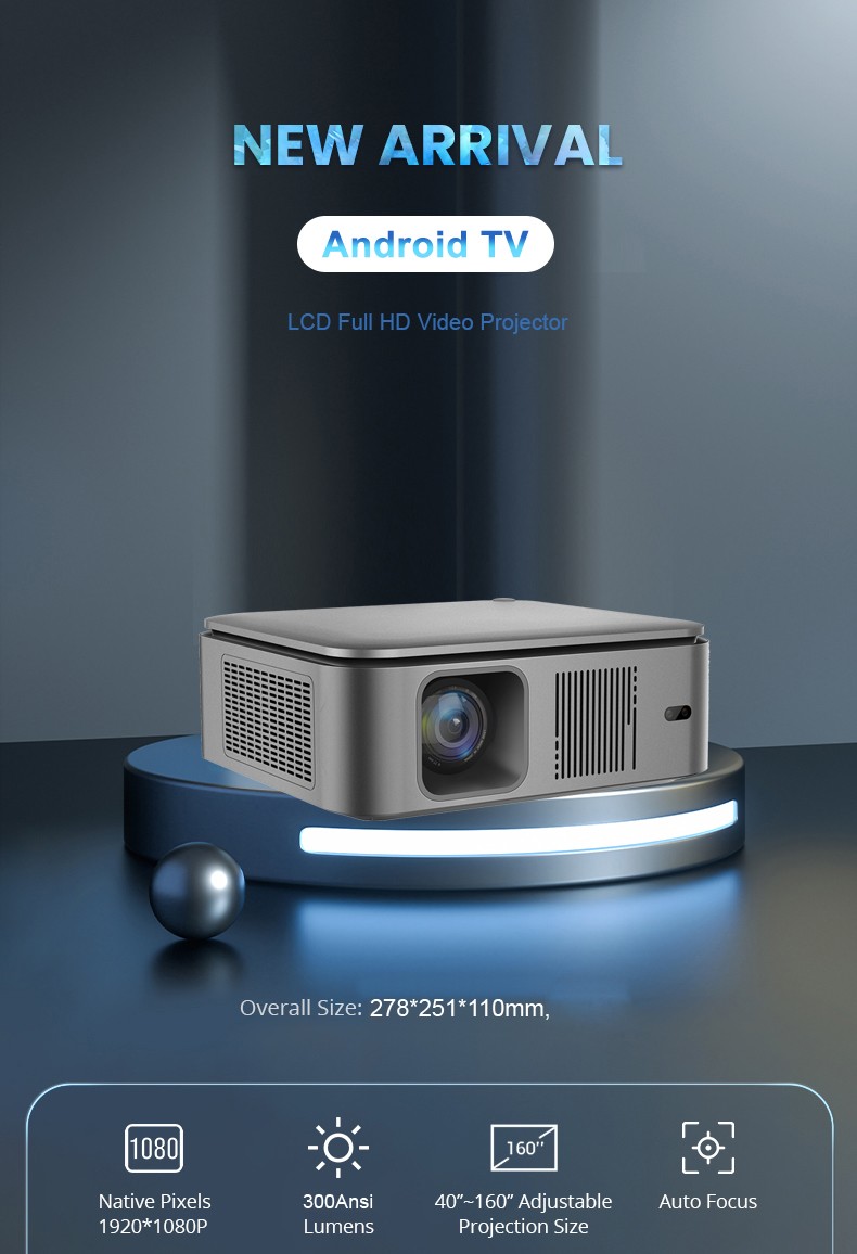 1080P Projector 8K Android10 HY500-ATV Version LED LCD Metallic Grey and White